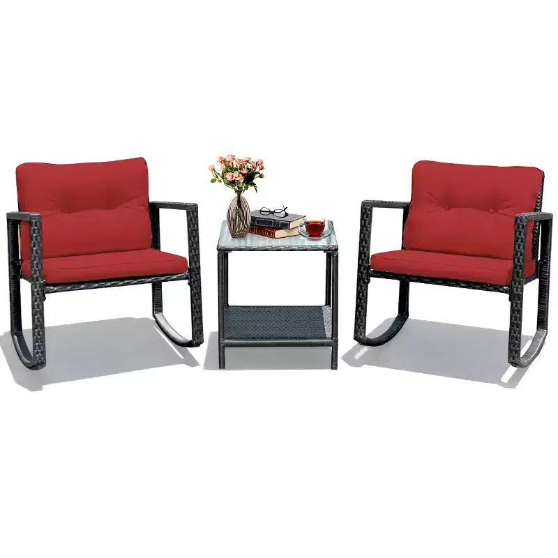 Costway Ensemble de mobilier bistro de patio 3 pièces en résine tressée avec 2 chaises à bascule, table d'appoint en verre, coussins Rouge/Beige