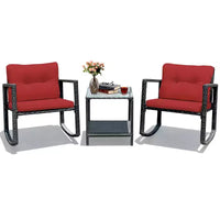 Costway Ensemble de mobilier bistro de patio 3 pièces en résine tressée avec 2 chaises à bascule, table d'appoint en verre, coussins Rouge/Beige