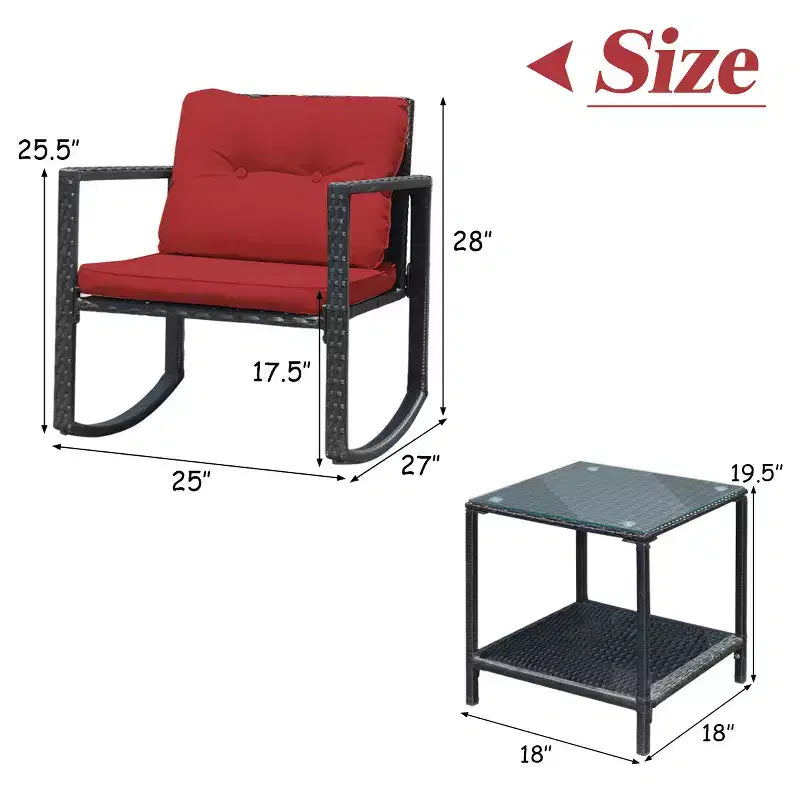 Costway Ensemble de mobilier bistro de patio 3 pièces en résine tressée avec 2 chaises à bascule, table d'appoint en verre, coussins Rouge/Beige