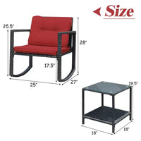 Costway Ensemble de mobilier bistro de patio 3 pièces en résine tressée avec 2 chaises à bascule, table d'appoint en verre, coussins Rouge/Beige
