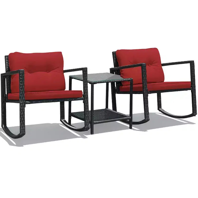Costway Ensemble de mobilier bistro de patio 3 pièces en résine tressée avec 2 chaises à bascule, table d'appoint en verre, coussins Rouge/Beige
