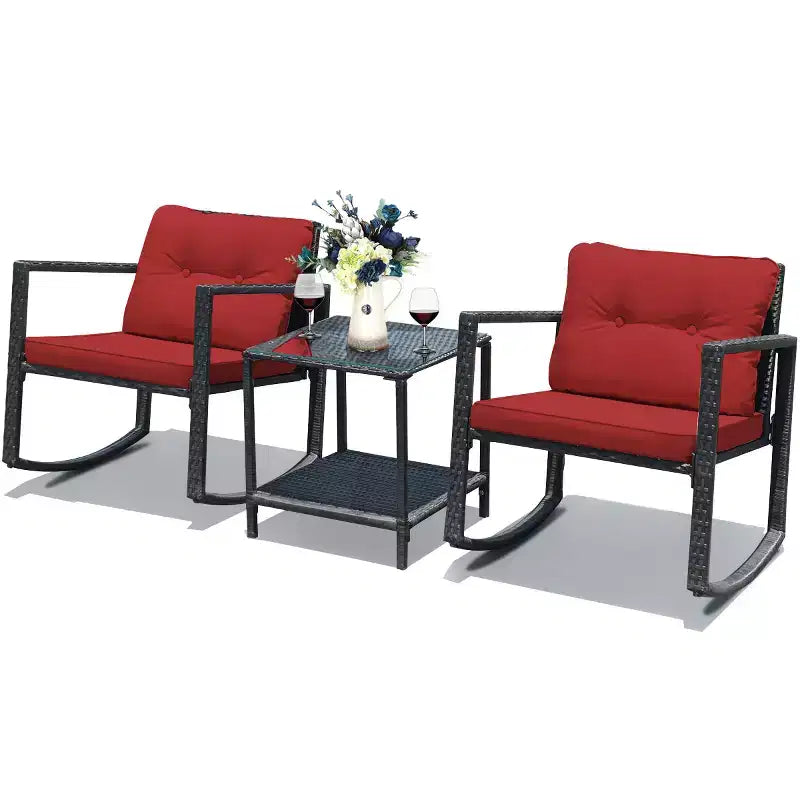 Costway Ensemble de mobilier bistro de patio 3 pièces en résine tressée avec 2 chaises à bascule, table d'appoint en verre, coussins Rouge/Beige
