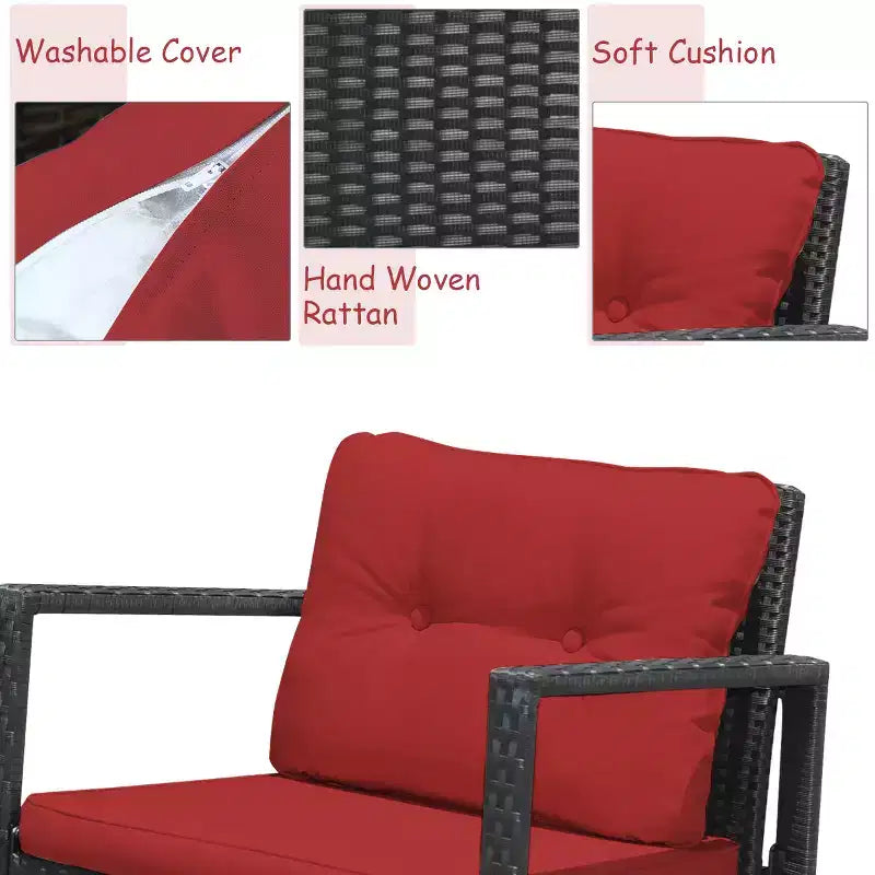 Costway Ensemble de mobilier bistro de patio 3 pièces en résine tressée avec 2 chaises à bascule, table d'appoint en verre, coussins Rouge/Beige