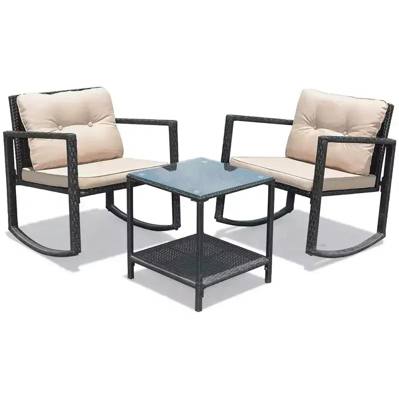 Costway Ensemble de mobilier bistro de patio 3 pièces en résine tressée avec 2 chaises à bascule, table d'appoint en verre, coussins Rouge/Beige