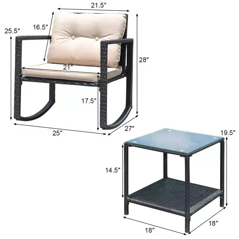 Costway Ensemble de mobilier bistro de patio 3 pièces en résine tressée avec 2 chaises à bascule, table d'appoint en verre, coussins Rouge/Beige