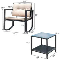 Costway Ensemble de mobilier bistro de patio 3 pièces en résine tressée avec 2 chaises à bascule, table d'appoint en verre, coussins Rouge/Beige