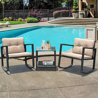 Costway Ensemble de mobilier bistro de patio 3 pièces en résine tressée avec 2 chaises à bascule, table d'appoint en verre, coussins Rouge/Beige