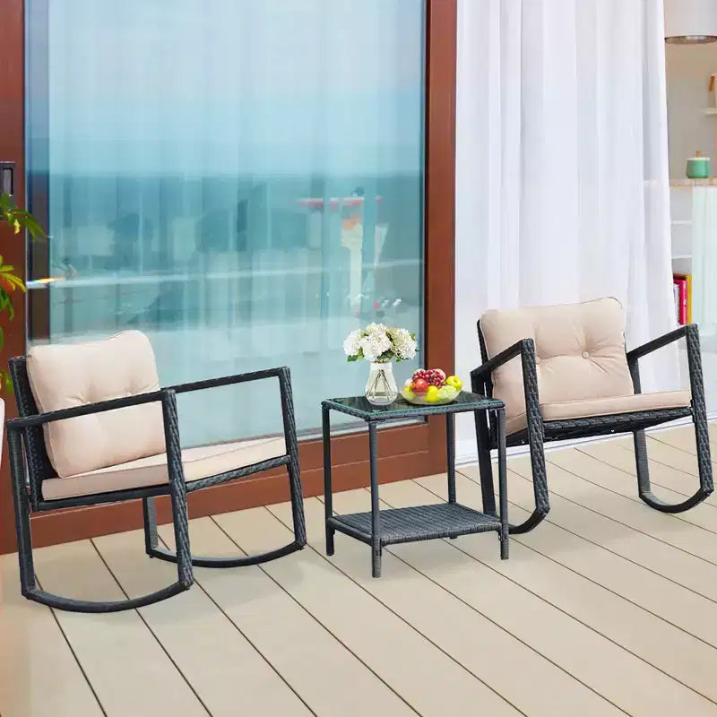 Costway Ensemble de mobilier bistro de patio 3 pièces en résine tressée avec 2 chaises à bascule, table d'appoint en verre, coussins Rouge/Beige