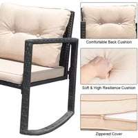 Costway Ensemble de mobilier bistro de patio 3 pièces en résine tressée avec 2 chaises à bascule, table d'appoint en verre, coussins Rouge/Beige