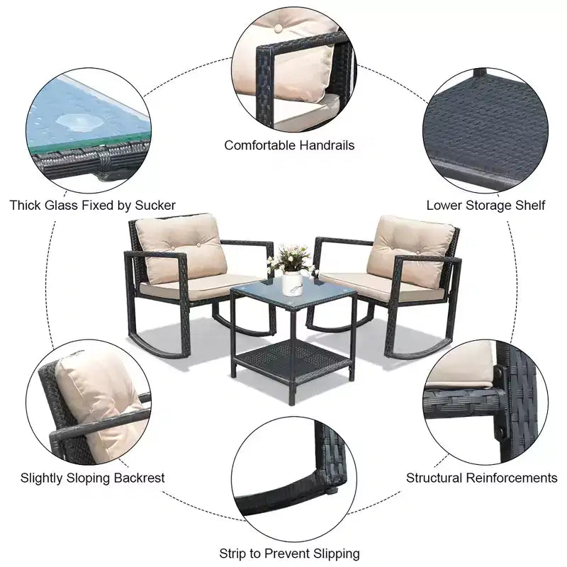 Costway Ensemble de mobilier bistro de patio 3 pièces en résine tressée avec 2 chaises à bascule, table d'appoint en verre, coussins Rouge/Beige