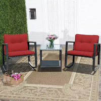 Costway Ensemble de mobilier bistro de patio 3 pièces en résine tressée avec 2 chaises à bascule, table d'appoint en verre, coussins Rouge/Beige