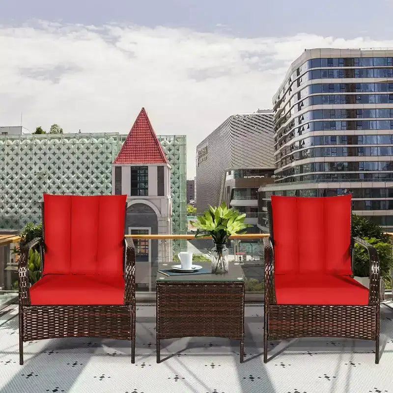 Costway Ensemble de mobilier de patio 3 pièces en rotin - Table basse et 2 chaises en rotin avec coussins rouges