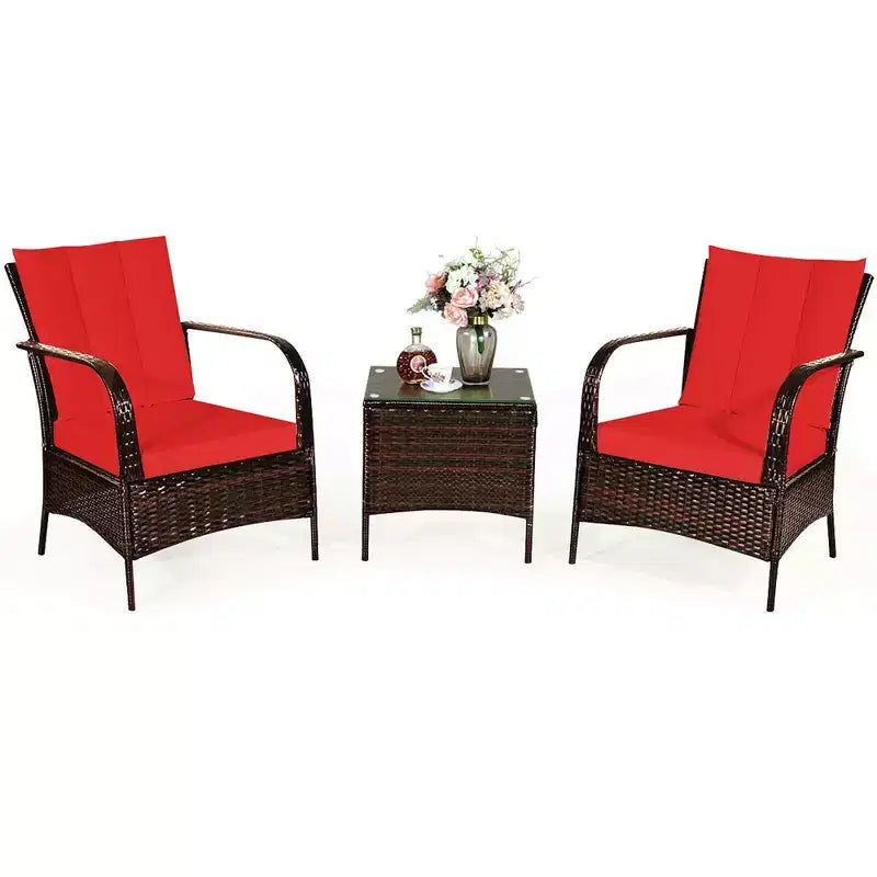 Costway Ensemble de mobilier de patio 3 pièces en rotin - Table basse et 2 chaises en rotin avec coussins rouges