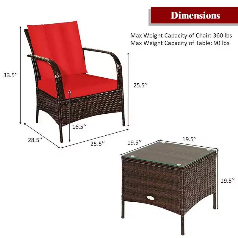Costway Ensemble mobilier de patio en rotin 3 pièces Table basse et 2 fauteuils en rotin avec coussins rouges