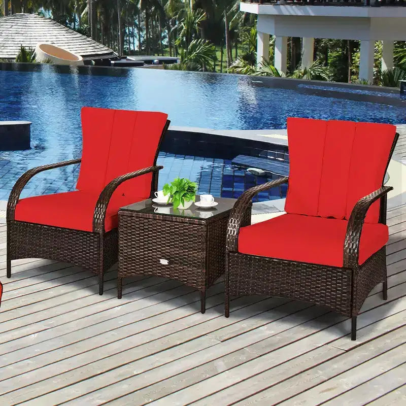 Costway Ensemble mobilier de patio en rotin 3 pièces Table basse et 2 fauteuils en rotin avec coussins rouges
