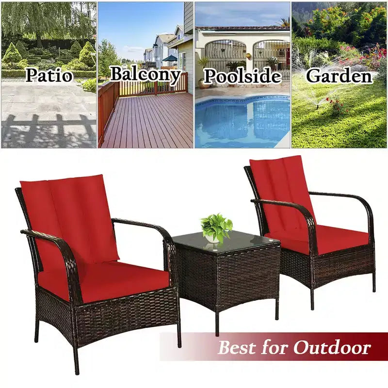 Costway Ensemble de mobilier de patio 3 pièces en rotin - Table basse et 2 chaises en rotin avec coussins rouges