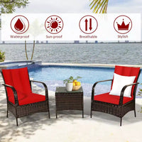 Costway Ensemble de mobilier de patio 3 pièces en rotin - Table basse et 2 chaises en rotin avec coussins rouges