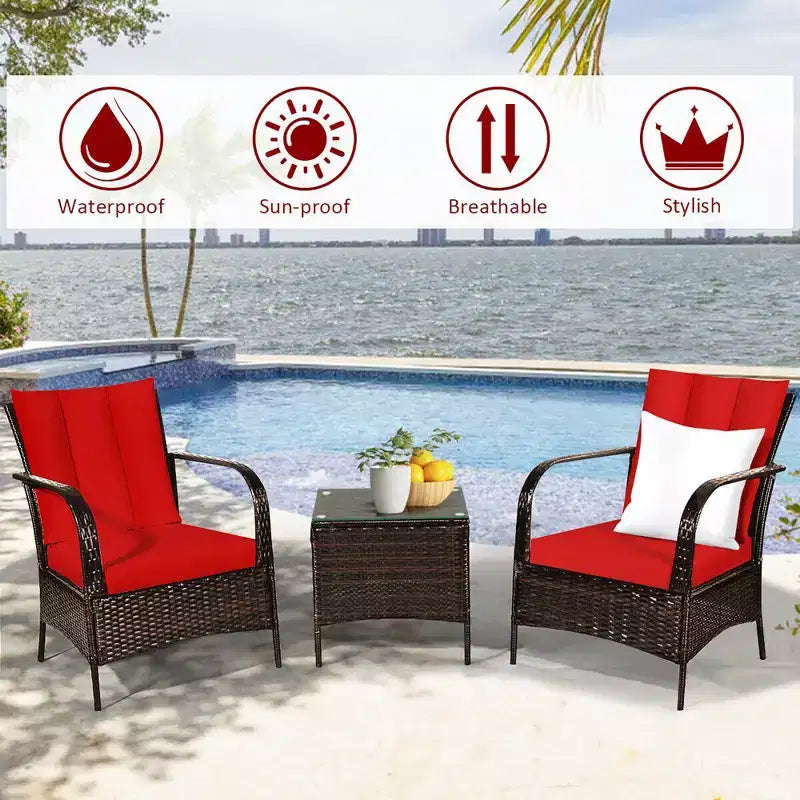 Costway Ensemble de mobilier de patio 3 pièces en rotin - Table basse et 2 chaises en rotin avec coussins rouges