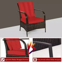Costway Ensemble de mobilier de patio 3 pièces en rotin - Table basse et 2 chaises en rotin avec coussins rouges