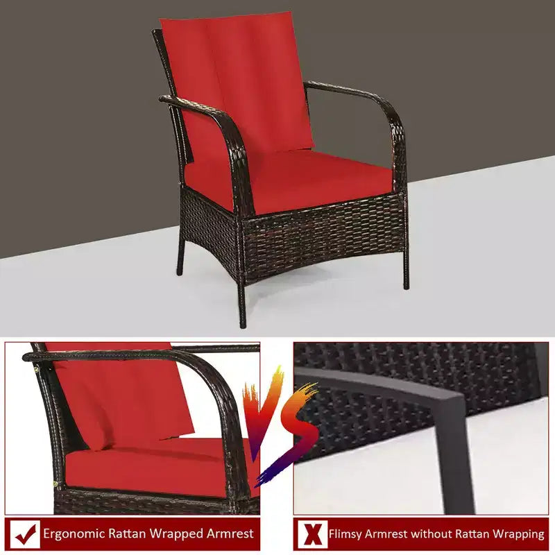 Costway Ensemble de mobilier de patio 3 pièces en rotin - Table basse et 2 chaises en rotin avec coussins rouges
