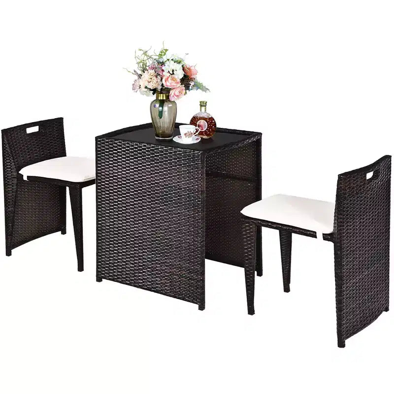 Costway Ensemble de Meubles de Jardin en Rotin 3 Pièces Gain de Place avec Coussins, Aucun Assemblage Requis