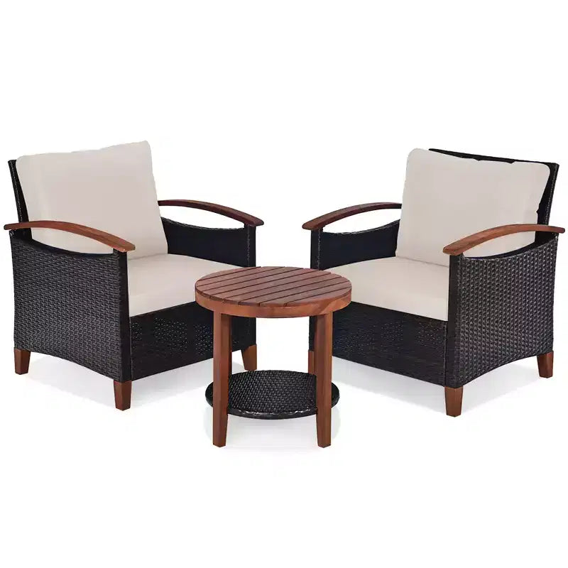 Costway Ensemble de Meubles de Patio 3 Pièces en Rotin, Cadre en Bois, Coussin, Table, Étagère Rouge/Beige/Bleu