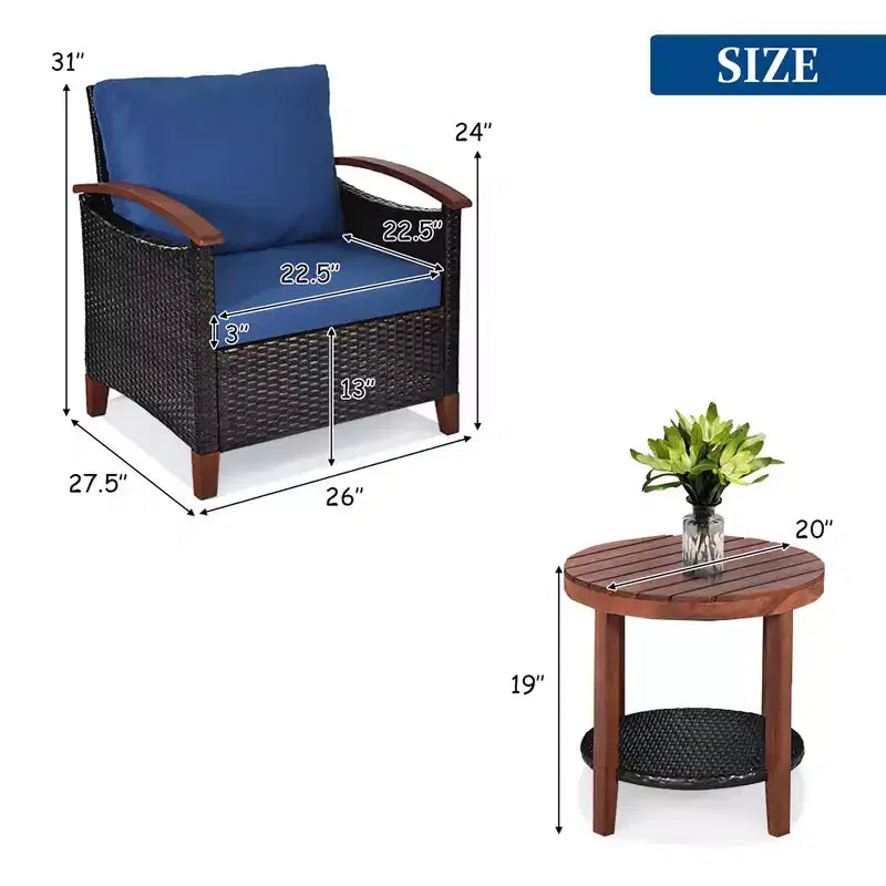 Costway Ensemble de Meubles de Patio 3 Pièces en Rotin, Cadre en Bois, Coussin, Table, Étagère Rouge/Beige/Bleu