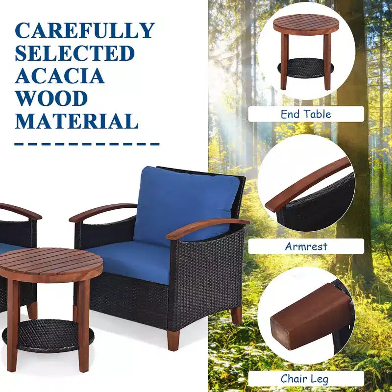 Costway Ensemble de Meubles de Patio 3 Pièces en Rotin, Cadre en Bois, Coussin, Table, Étagère Rouge/Beige/Bleu