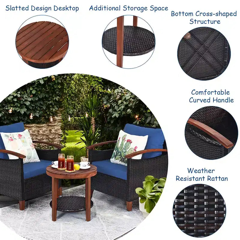 Costway Ensemble de Meubles de Patio 3 Pièces en Rotin, Cadre en Bois, Coussin, Table, Étagère Rouge/Beige/Bleu
