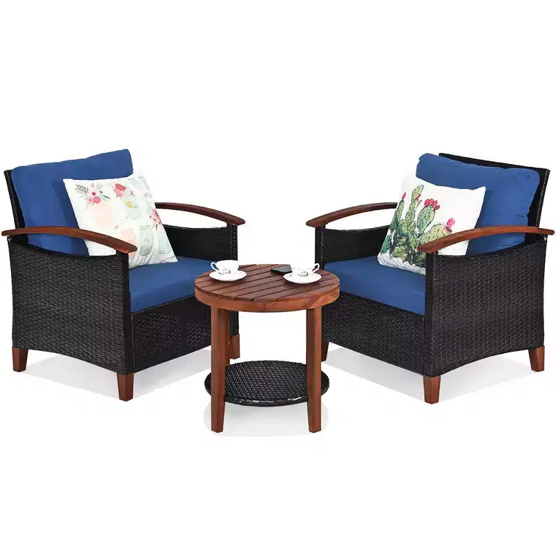 Costway Ensemble de Meubles de Patio 3 Pièces en Rotin, Cadre en Bois, Coussin, Table, Étagère Rouge/Beige/Bleu