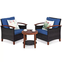 Costway Ensemble de Meubles de Patio 3 Pièces en Rotin, Cadre en Bois, Coussin, Table, Étagère Rouge/Beige/Bleu