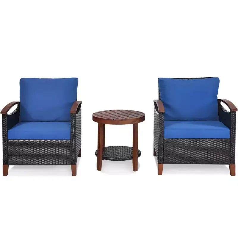 Costway Ensemble de Meubles de Patio 3 Pièces en Rotin, Cadre en Bois, Coussin, Table, Étagère Rouge/Beige/Bleu