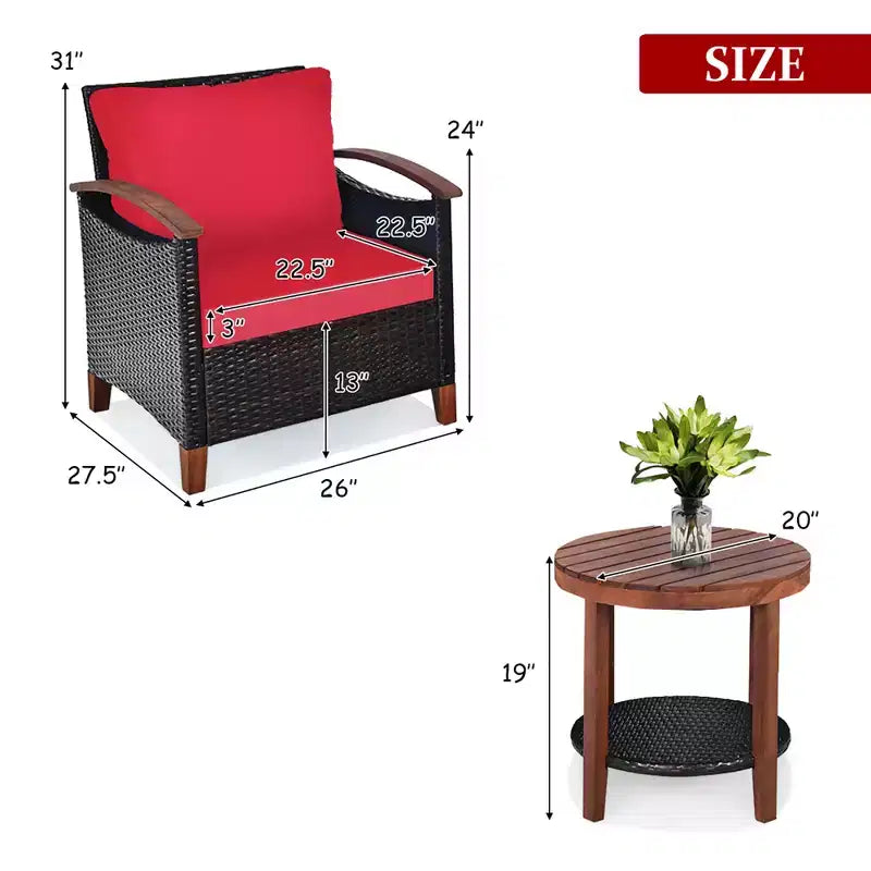 Costway Ensemble de Meubles de Patio 3 Pièces en Rotin, Cadre en Bois, Coussin, Table, Étagère Rouge/Beige/Bleu