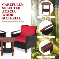 Costway Ensemble de Meubles de Patio 3 Pièces en Rotin, Cadre en Bois, Coussin, Table, Étagère Rouge/Beige/Bleu