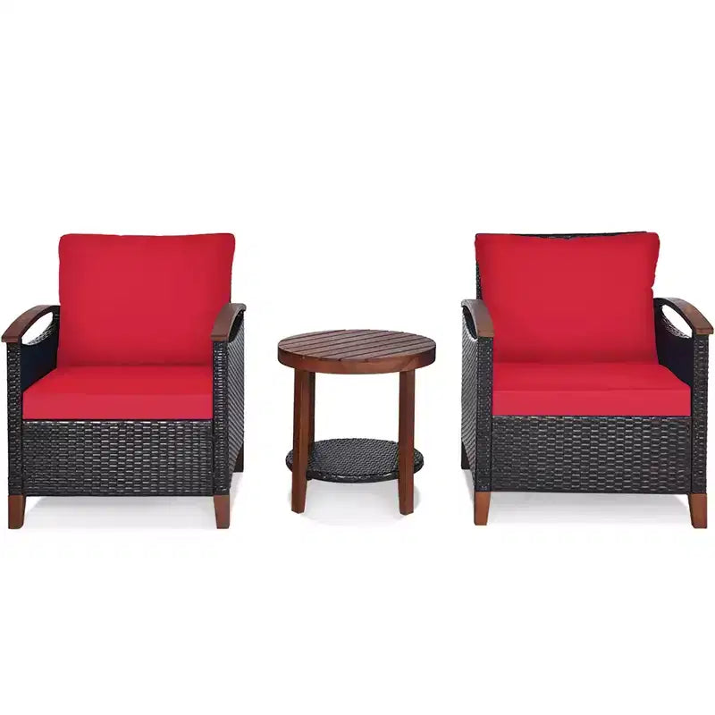 Costway Ensemble de Meubles de Patio 3 Pièces en Rotin, Cadre en Bois, Coussin, Table, Étagère Rouge/Beige/Bleu