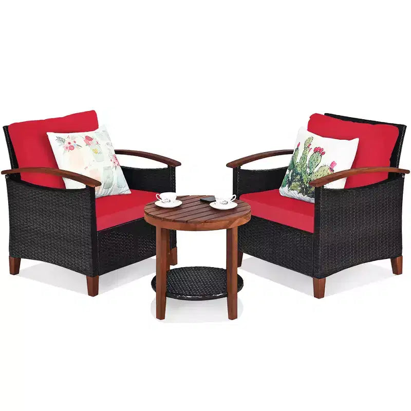 Costway Ensemble de Meubles de Patio 3 Pièces en Rotin, Cadre en Bois, Coussin, Table, Étagère Rouge/Beige/Bleu