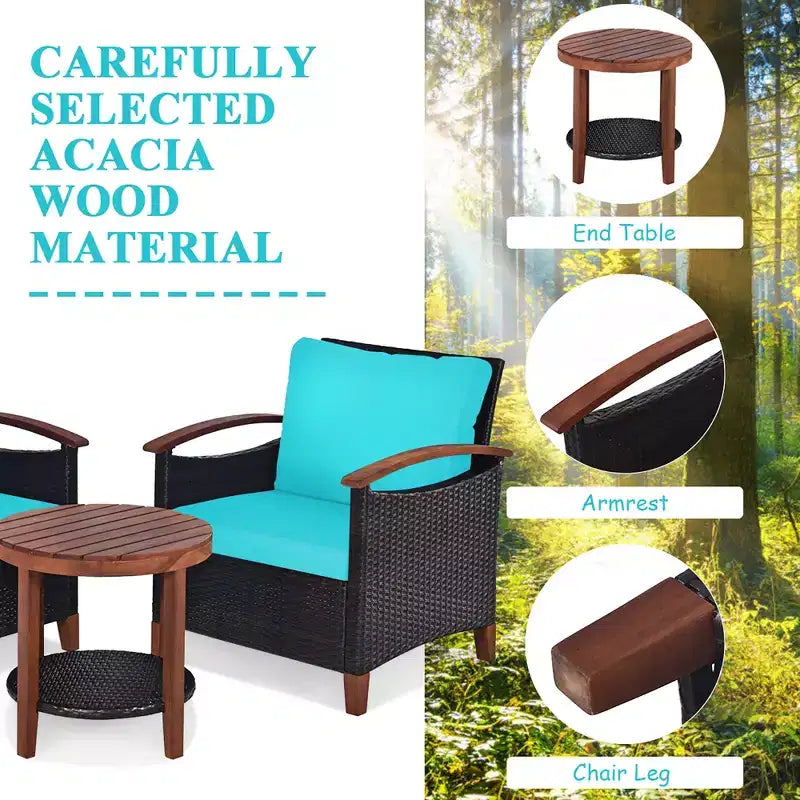 Costway Ensemble de Meubles de Patio 3 Pièces en Rotin, Cadre en Bois, Coussin, Table, Étagère Rouge/Beige/Bleu