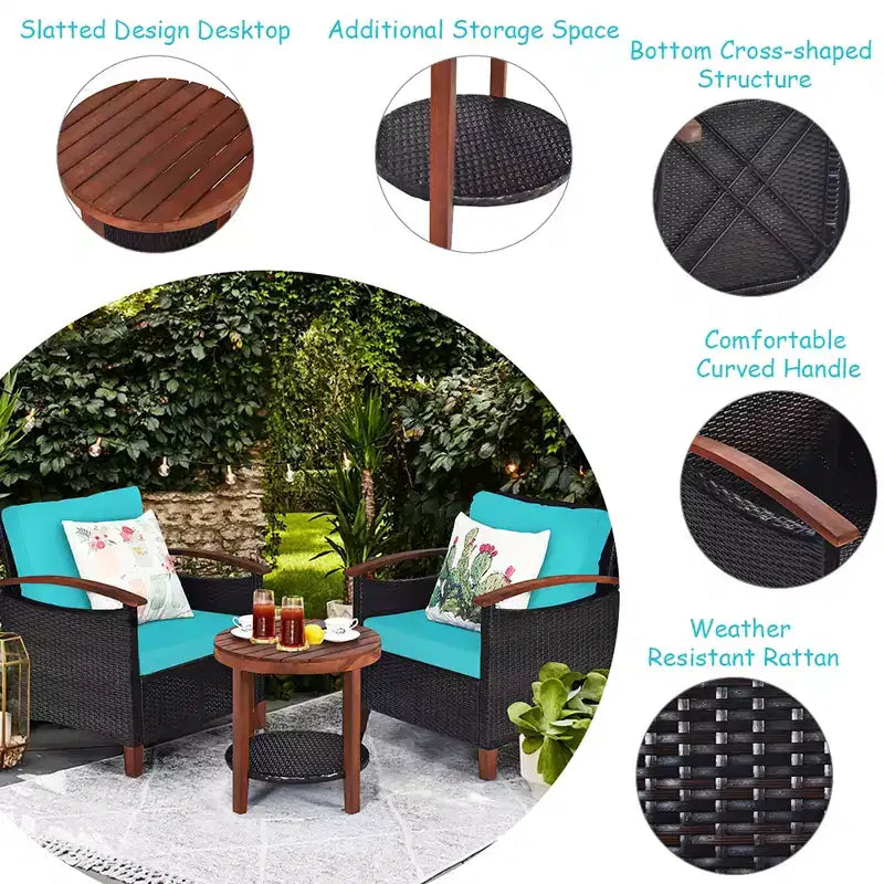 Costway Ensemble de Meubles de Patio 3 Pièces en Rotin, Cadre en Bois, Coussin, Table, Étagère Rouge/Beige/Bleu