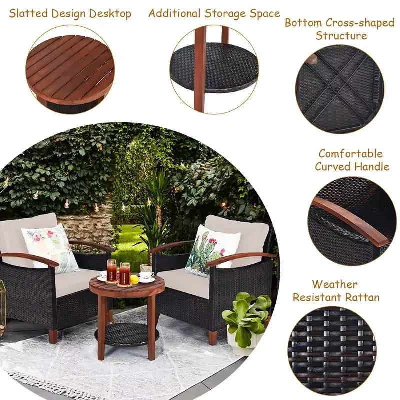 Costway Ensemble de Meubles de Patio 3 Pièces en Rotin, Cadre en Bois, Coussin, Table, Étagère Rouge/Beige/Bleu