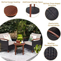 Costway Ensemble de Meubles de Patio 3 Pièces en Rotin, Cadre en Bois, Coussin, Table, Étagère Rouge/Beige/Bleu