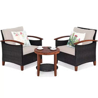 Costway Ensemble de Meubles de Patio 3 Pièces en Rotin, Cadre en Bois, Coussin, Table, Étagère Rouge/Beige/Bleu