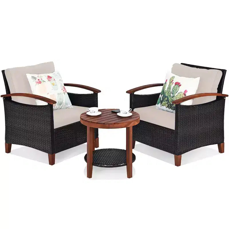 Costway Ensemble de Meubles de Patio 3 Pièces en Rotin, Cadre en Bois, Coussin, Table, Étagère Rouge/Beige/Bleu