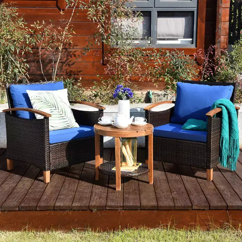 Costway Ensemble de Meubles de Patio 3 Pièces en Rotin, Cadre en Bois, Coussin, Table, Étagère Rouge/Beige/Bleu
