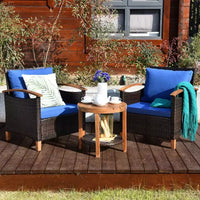 Costway Ensemble de Meubles de Patio 3 Pièces en Rotin, Cadre en Bois, Coussin, Table, Étagère Rouge/Beige/Bleu