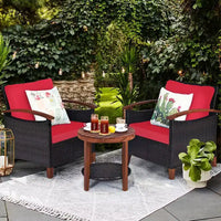 Costway Ensemble de Meubles de Patio 3 Pièces en Rotin, Cadre en Bois, Coussin, Table, Étagère Rouge/Beige/Bleu