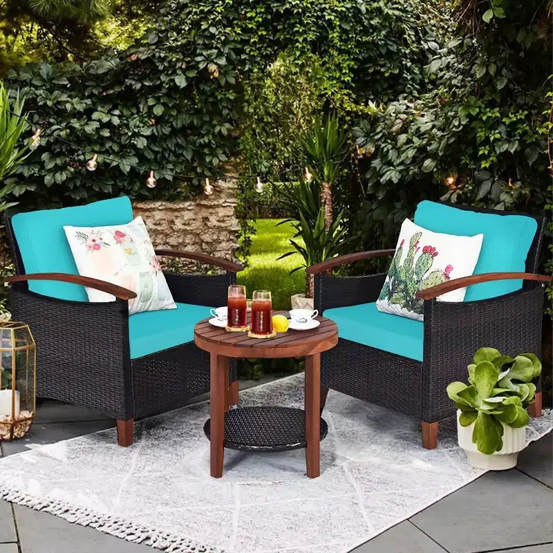 Costway Ensemble de Meubles de Patio 3 Pièces en Rotin, Cadre en Bois, Coussin, Table, Étagère Rouge/Beige/Bleu