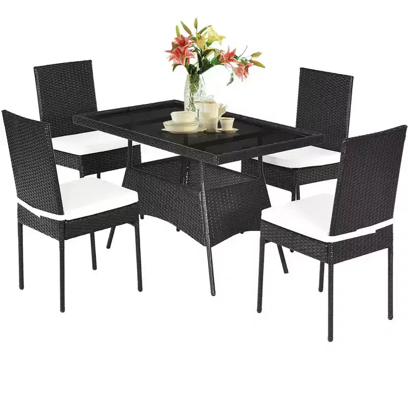 Costway Ensemble repas de patio 5 pièces en rotin - Table à plateau en verre, mobilier de jardin