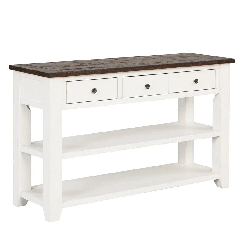 Console en bois avec 3 tiroirs de rangement et 2 étagères
