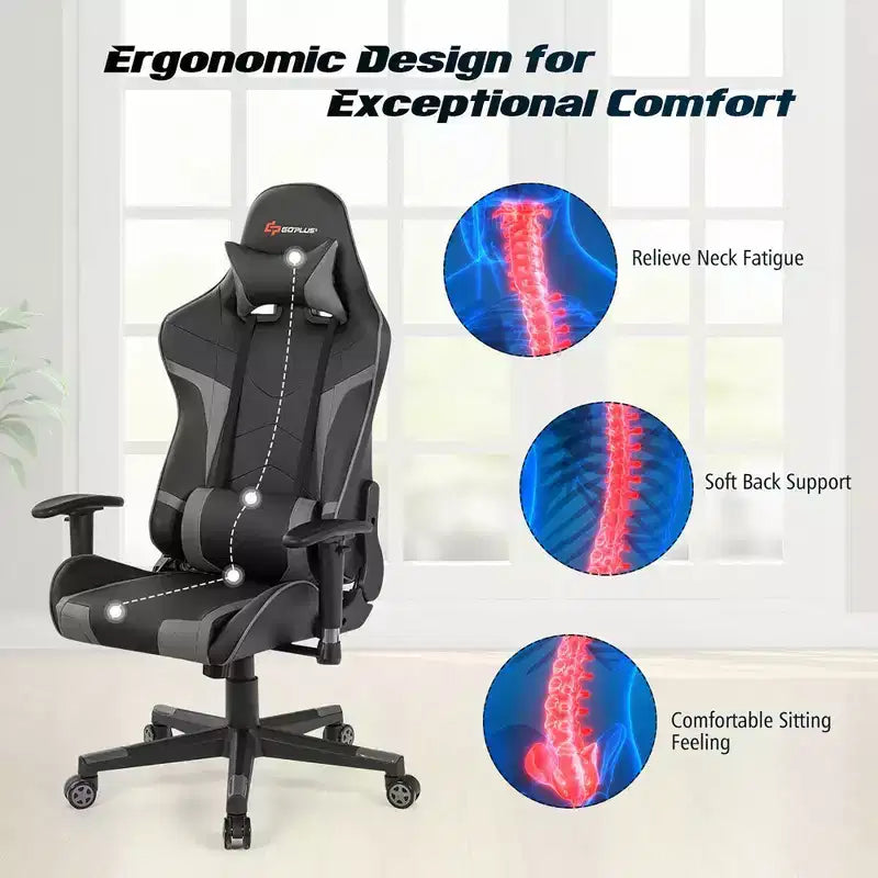 Chaise de bureau de jeu de massage inclinable et pivotante Costway avec support lombaire