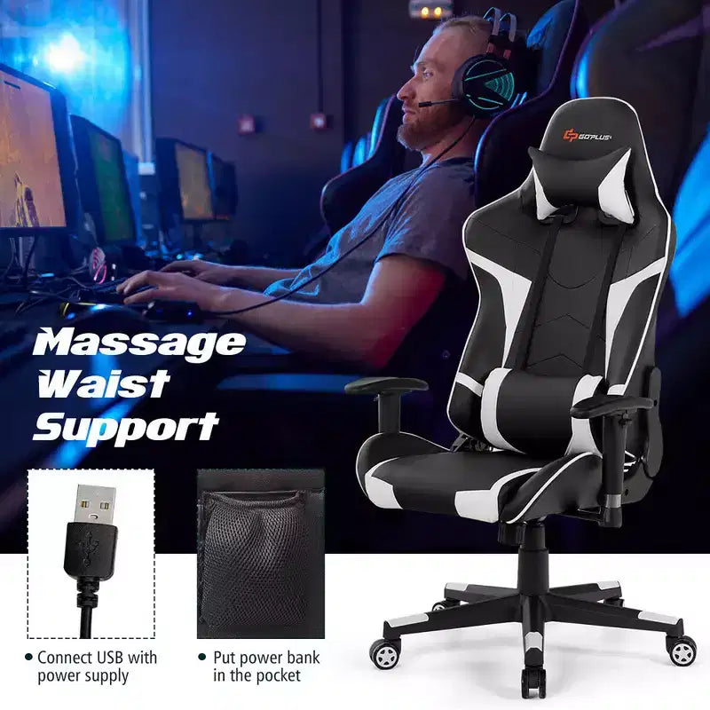 Chaise de bureau de jeu de massage inclinable et pivotante Costway avec support lombaire